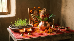 Navaratri 2026 date and time guide — Ghatasthapana kalash with mango leaves, coconut and barley at a lit altar