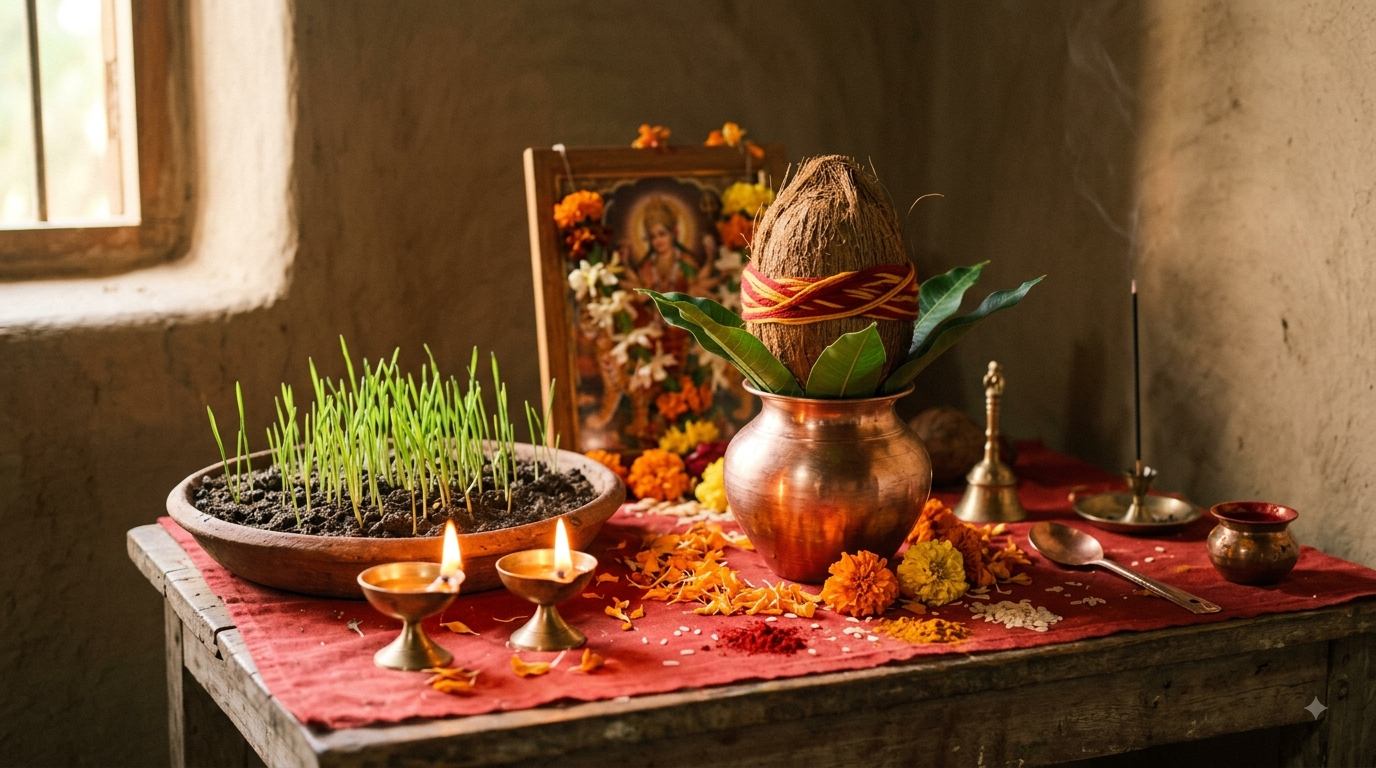 Navaratri 2026 date and time guide — Ghatasthapana kalash with mango leaves, coconut and barley at a lit altar
