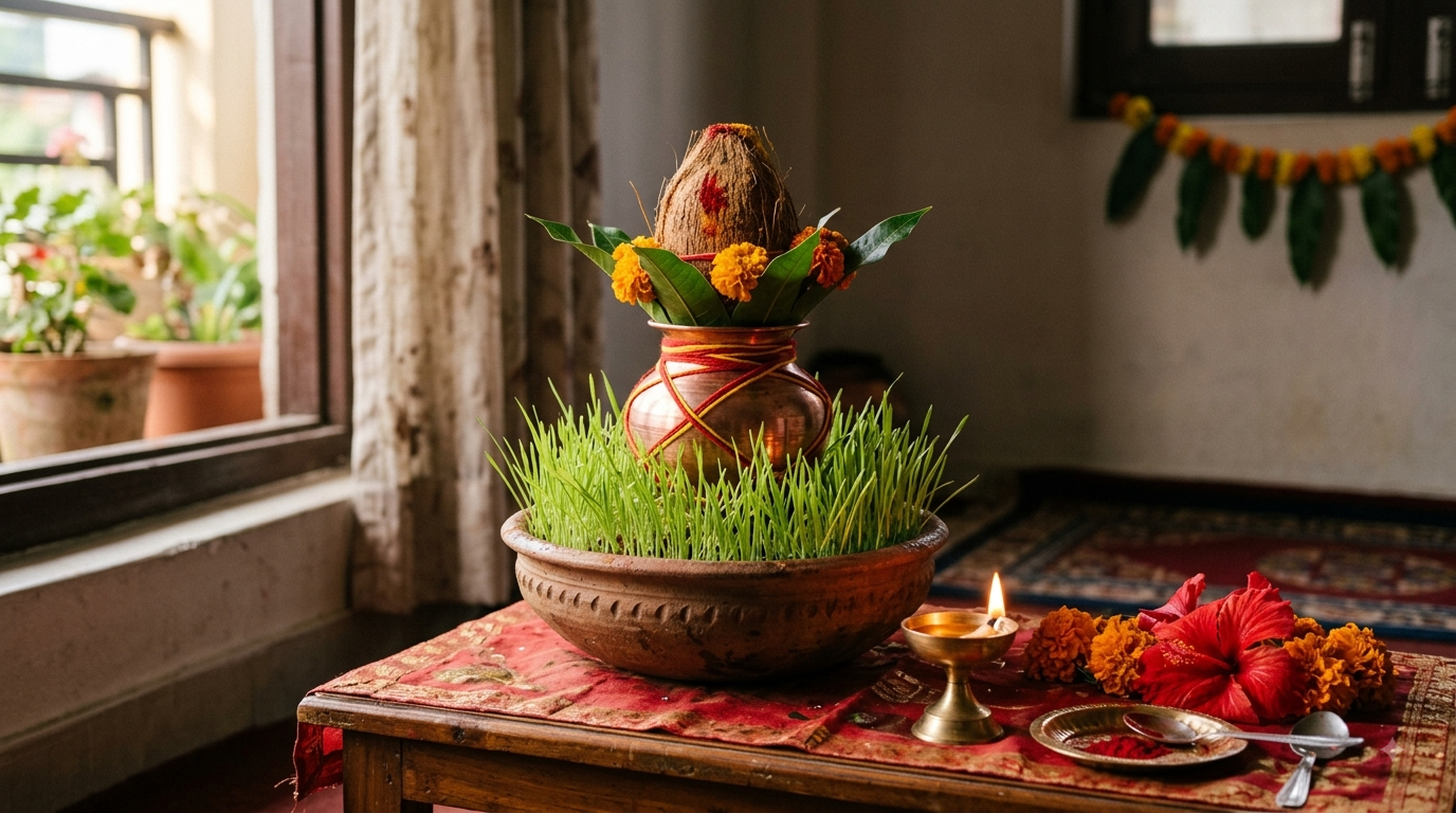 Navaratri Durga Pooja date and time 2026 – brass kalash, barley pot and lit diya set for Ghatasthapana