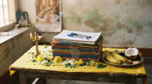 Navratri Saraswati Puja date setup with books, lamp and yellow flowers before a home altar
