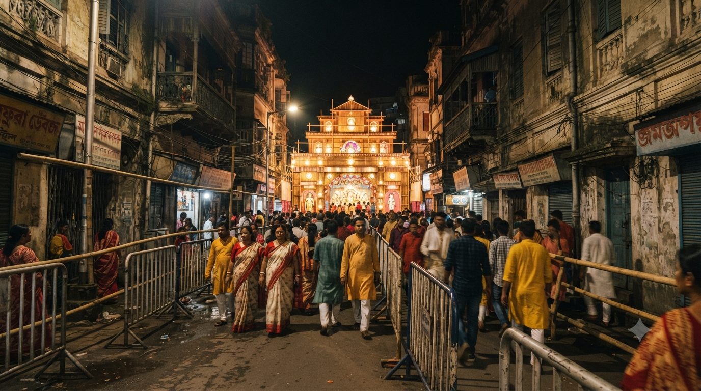 North Kolkata Durga Puja pandal-hopping route with illuminated festival street and visitors