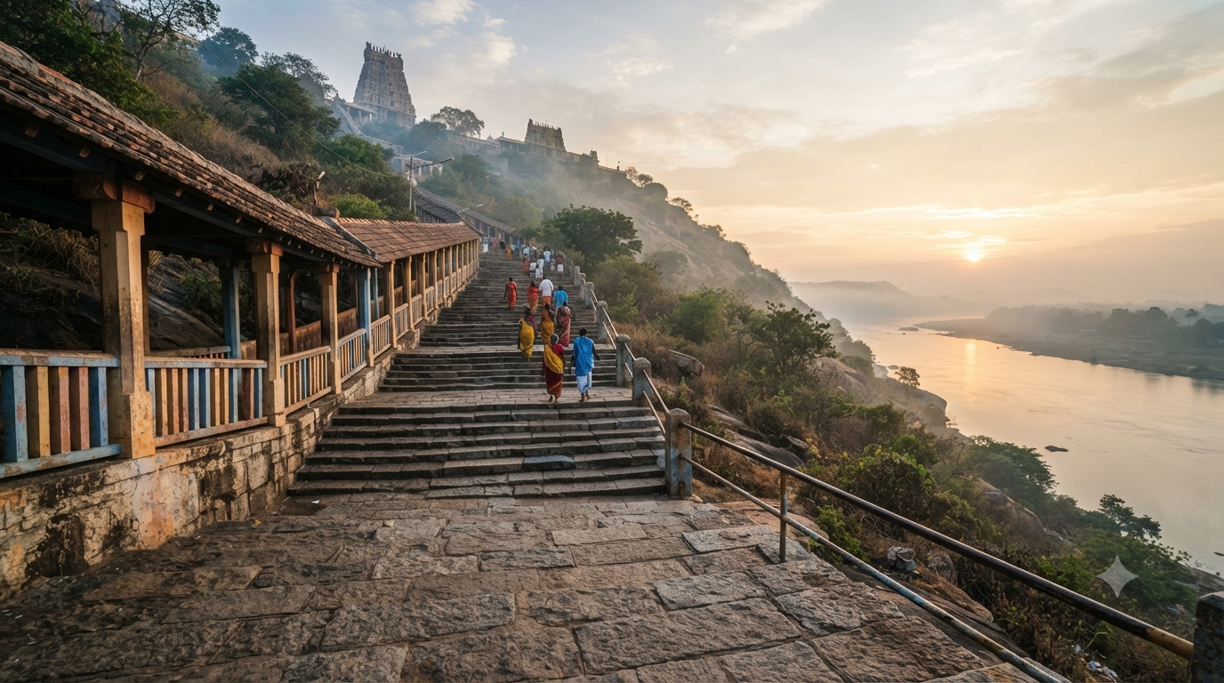 Pilgrims on the steps of a hill shrine, one of the top places to visit in Vijayawada at sunrise