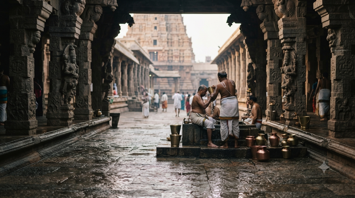 Rameshwaram Temple 22 Wells bathing route with pilgrims receiving sacred theertham water