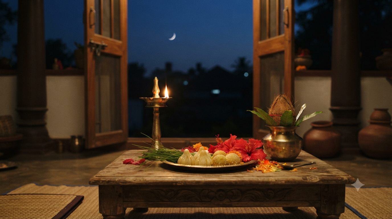 Sankashti Chaturthi dates and moonrise puja with lamp, durva grass and modak under a night sky