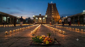 Shani Trayodashi 2027 evening Pradosh puja with lamps and temple silhouette