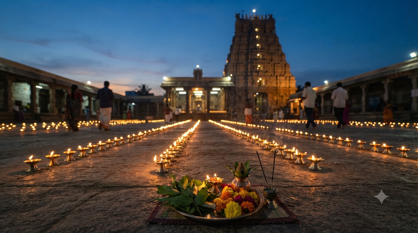 Shani Trayodashi 2027 evening Pradosh puja with lamps and temple silhouette