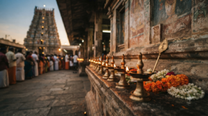 Skanda Shasti Vratam 2026 dates board and oil lamps at a Murugan temple entrance