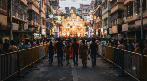South Kolkata Durga Puja evening pandal-hopping crowd and illuminated festival route
