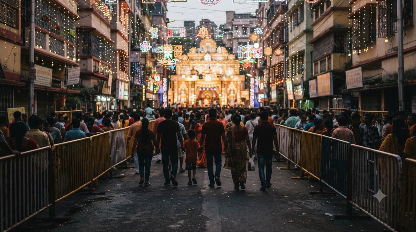 South Kolkata Durga Puja evening pandal-hopping crowd and illuminated festival route