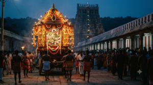 Srisailam Brahmotsavam 2027 vahana seva procession and lamp-lit queue walkway during Maha Shivaratri