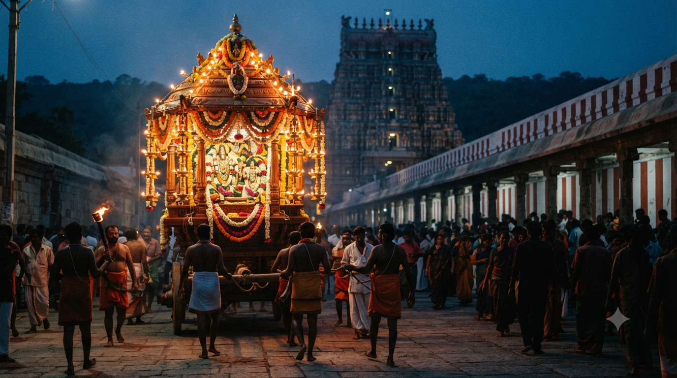 Srisailam Brahmotsavam 2027 vahana seva procession and lamp-lit queue walkway during Maha Shivaratri