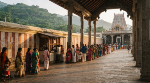 Srisailam Temple darshan timings queue with pilgrims waiting near the ticket counter in morning light