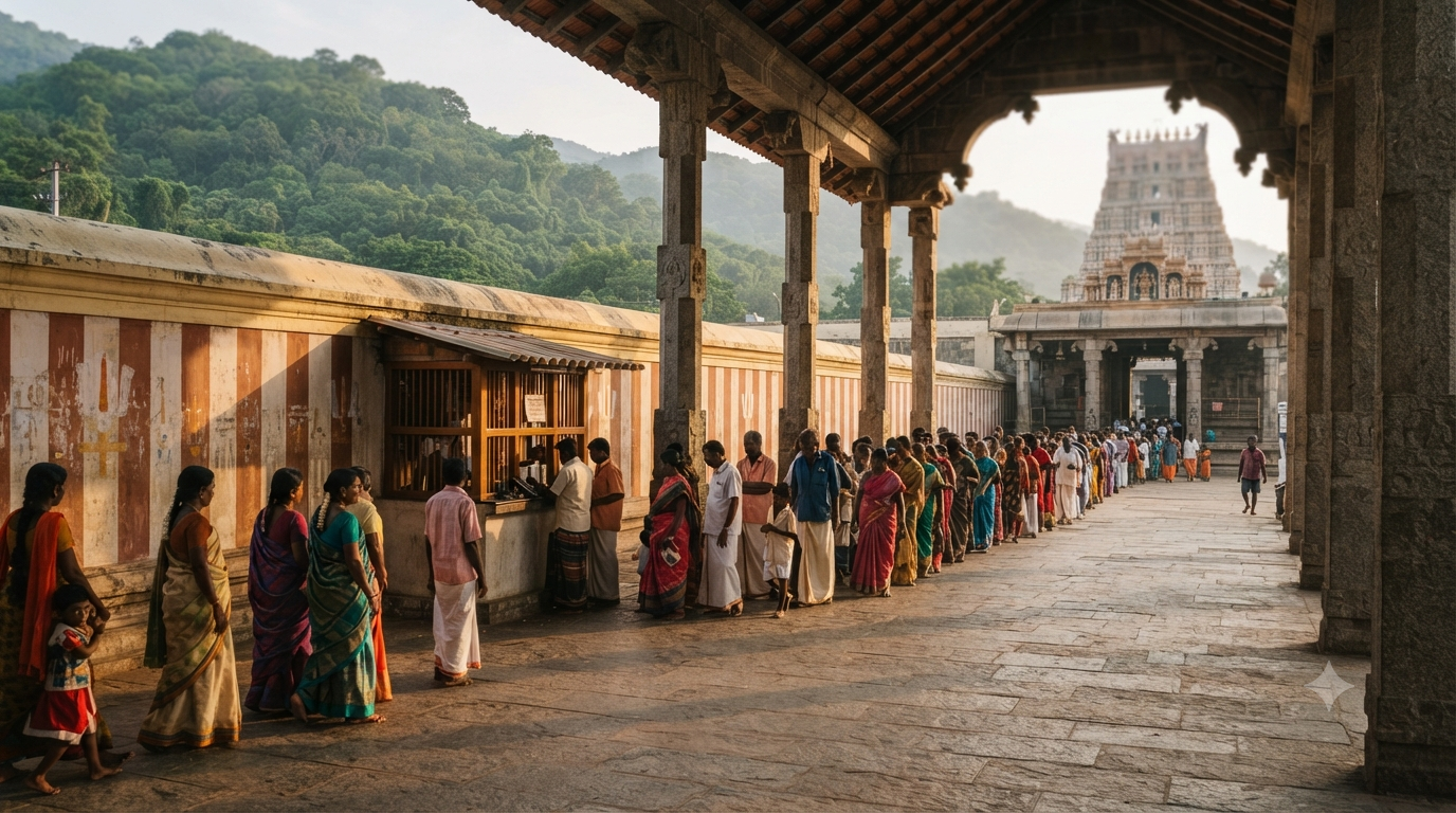 Srisailam Temple darshan timings queue with pilgrims waiting near the ticket counter in morning light