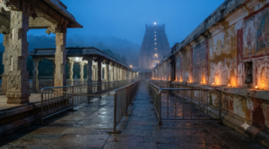 Srisailam Temple seva timings: pilgrims in the pre-dawn queue at a hill shrine