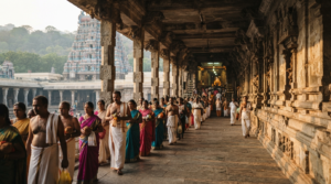 Srisailam Temple Sparsha Darshana queue with devotees in traditional dress near the sanctum entrance