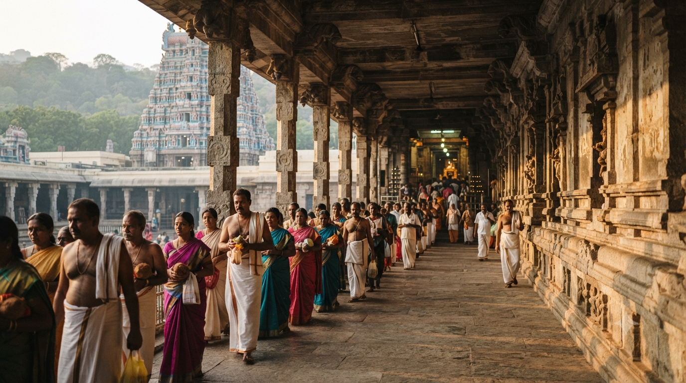 Srisailam Temple Sparsha Darshana queue with devotees in traditional dress near the sanctum entrance