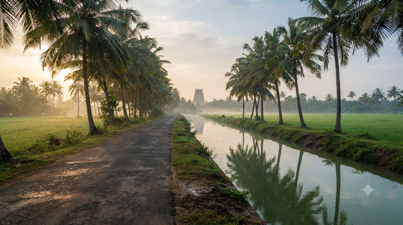 Temples near Draksharamam: canal-bund road through coconut groves with a distant gopuram at dawn