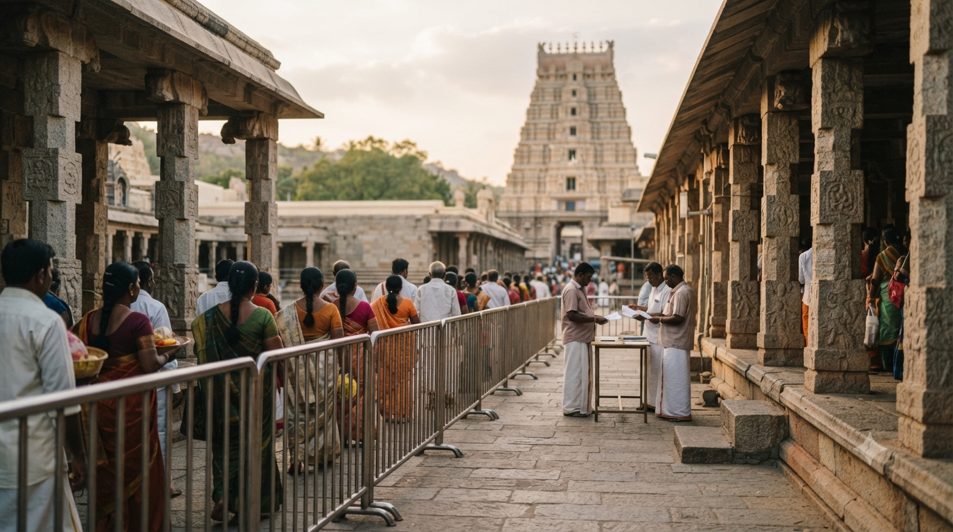Tirumala Arjitha Brahmotsavam pilgrims at an afternoon seva reporting queue