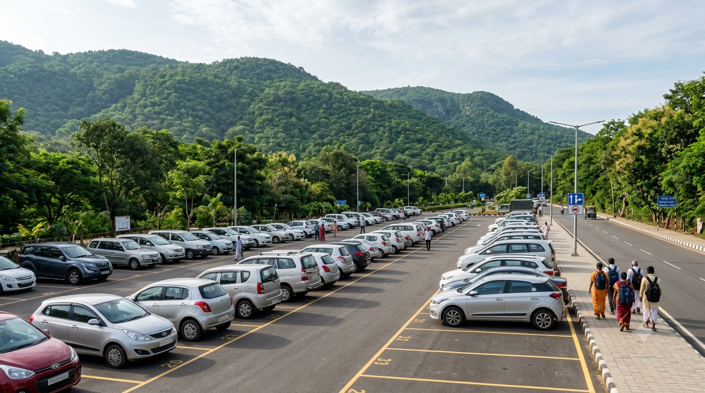 Tirumala car parking area with parked vehicles and surrounding hill roads