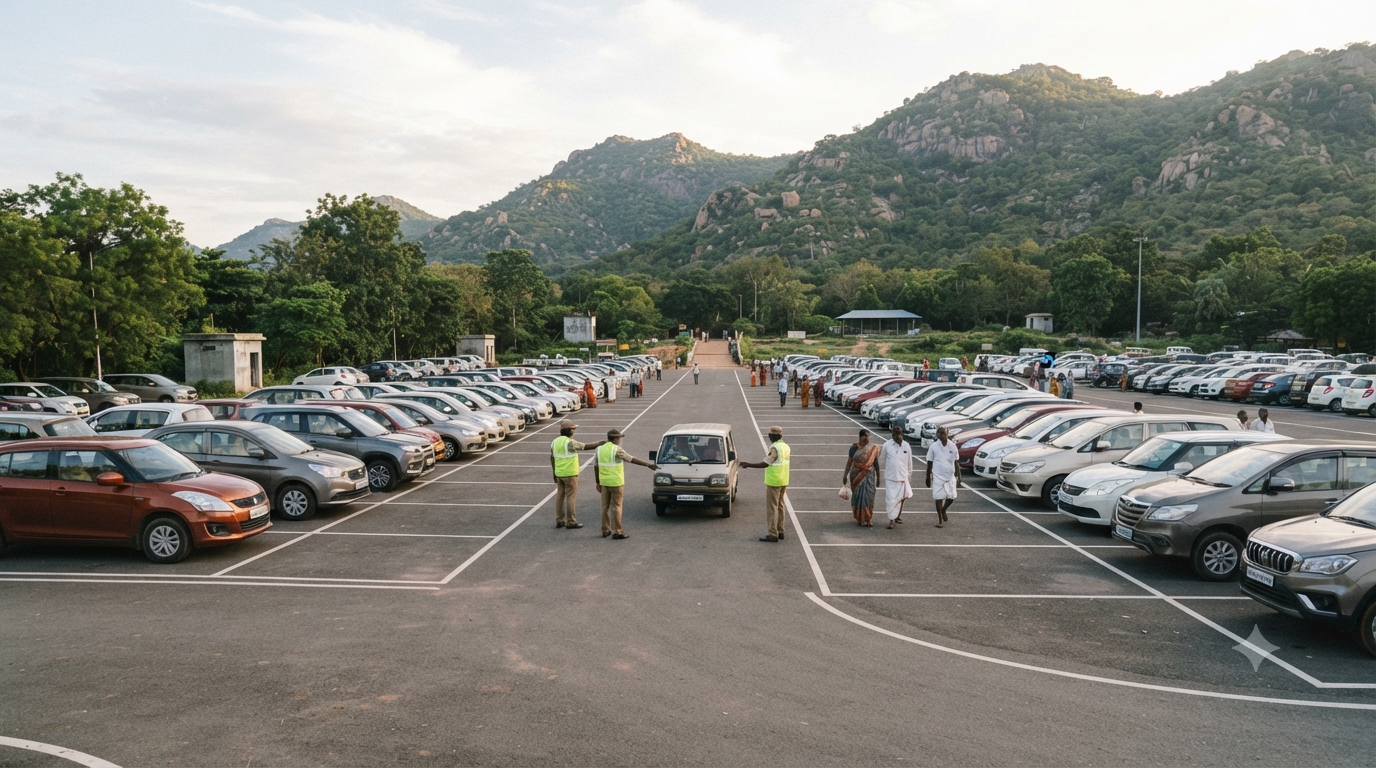 Tirumala car parking area for pilgrim vehicles near the Seshachalam hills