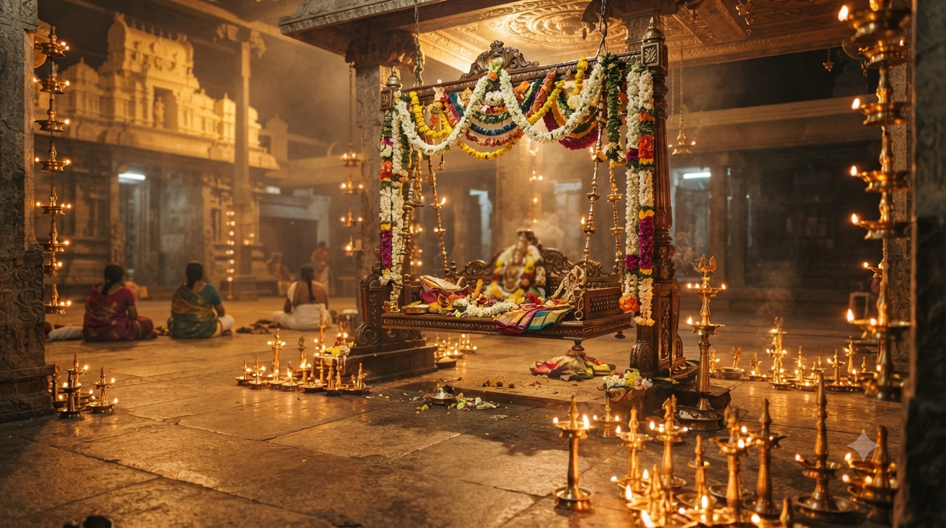 Tirumala Dolotsavam Seva with decorated Unjal swing and traditional temple lamps