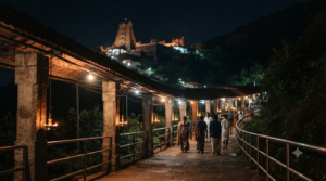 Tirumala Ekantha Seva night-time temple closing atmosphere with distant pilgrims