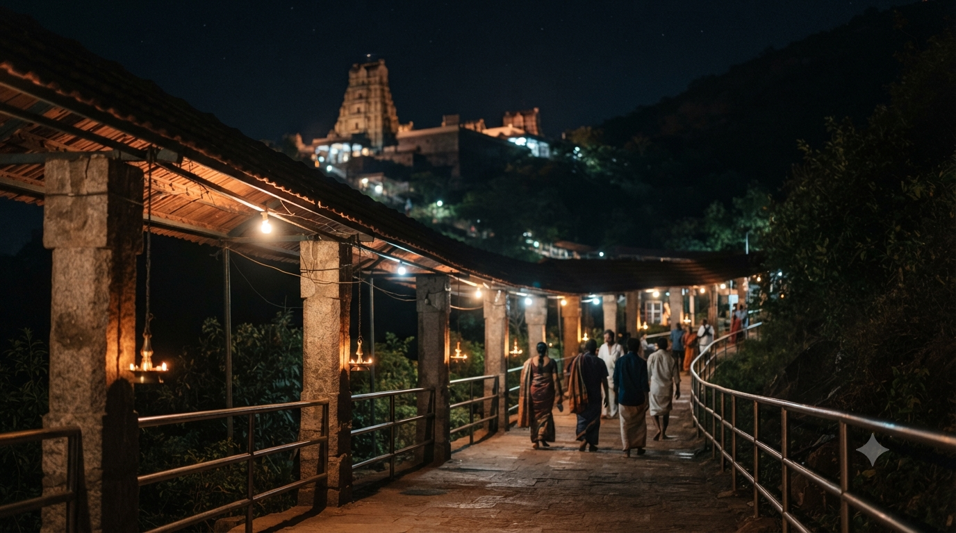 Tirumala Ekantha Seva night-time temple closing atmosphere with distant pilgrims