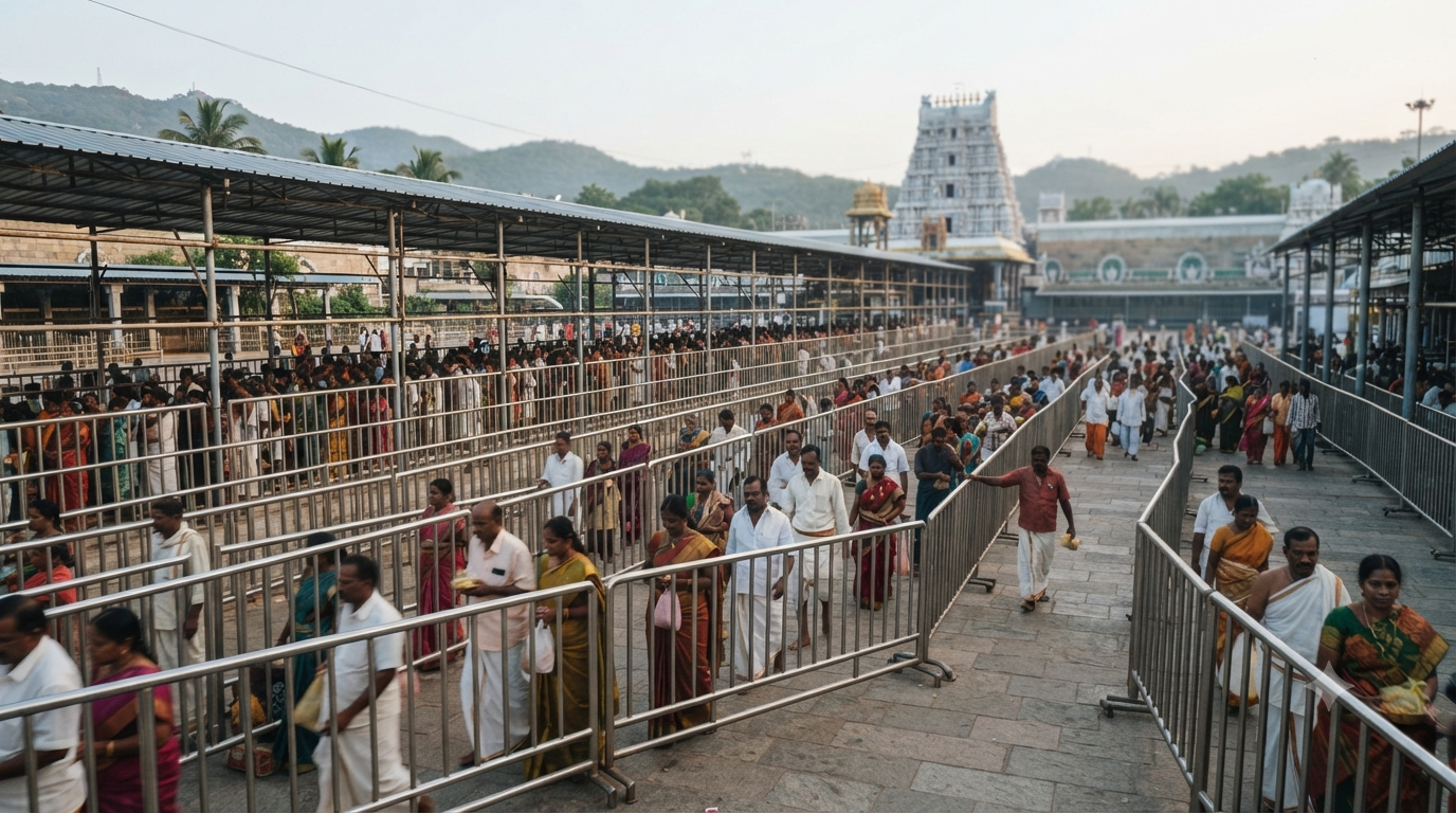 Tirumala Laghu Darshan pilgrims in an organised darshan queue