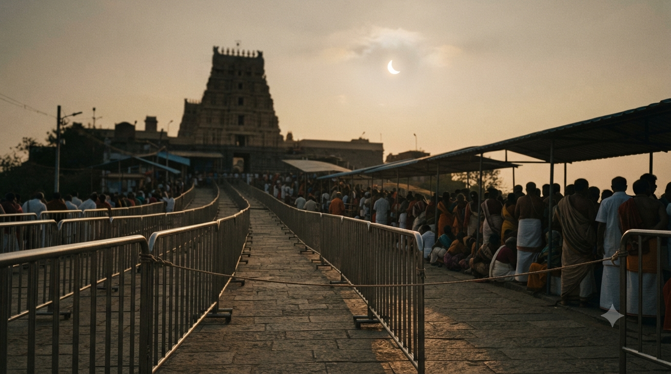 Tirumala temple grahanam eclipse-day darshan closure and pilgrim queue scene