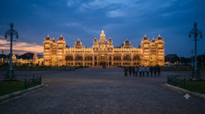 Top attractions to visit in Mysore — floodlit palace precinct at dusk with distant visitors