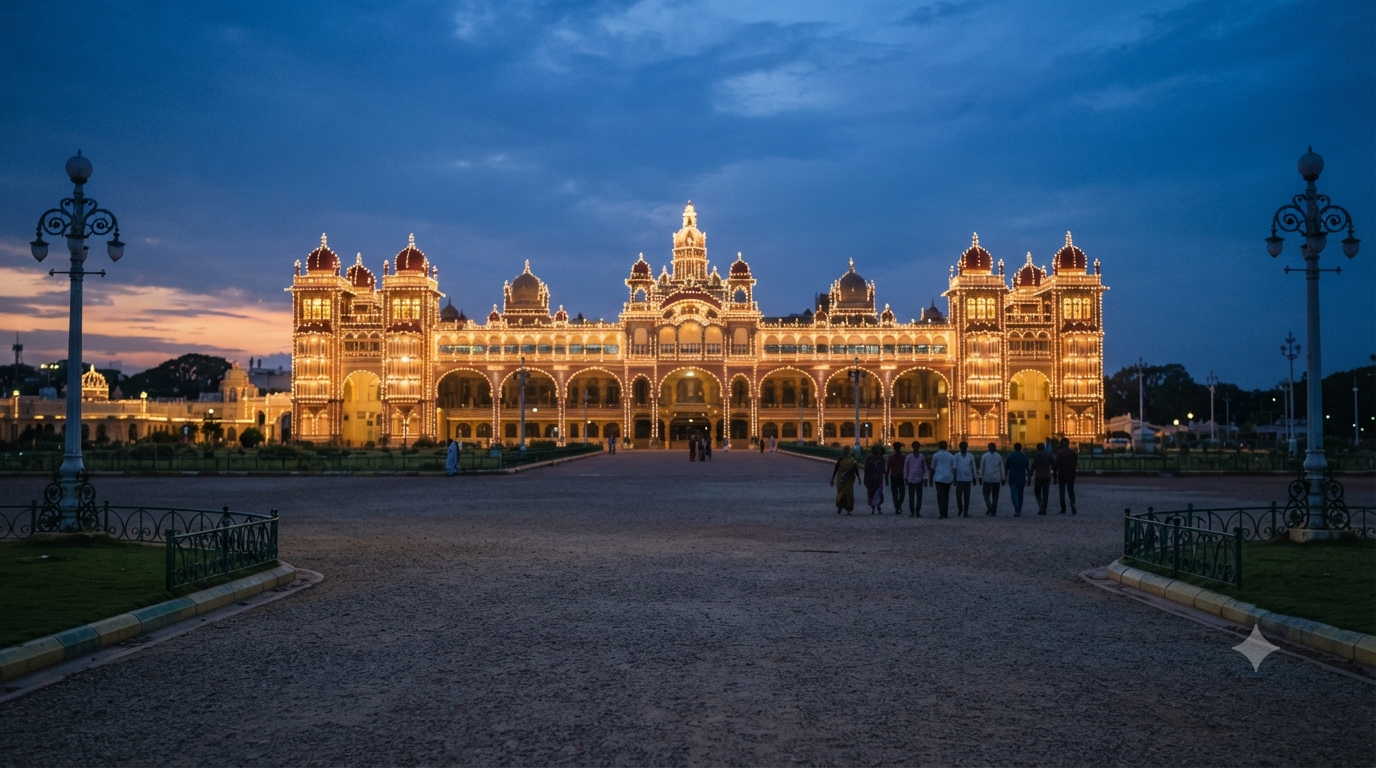 Top attractions to visit in Mysore — floodlit palace precinct at dusk with distant visitors