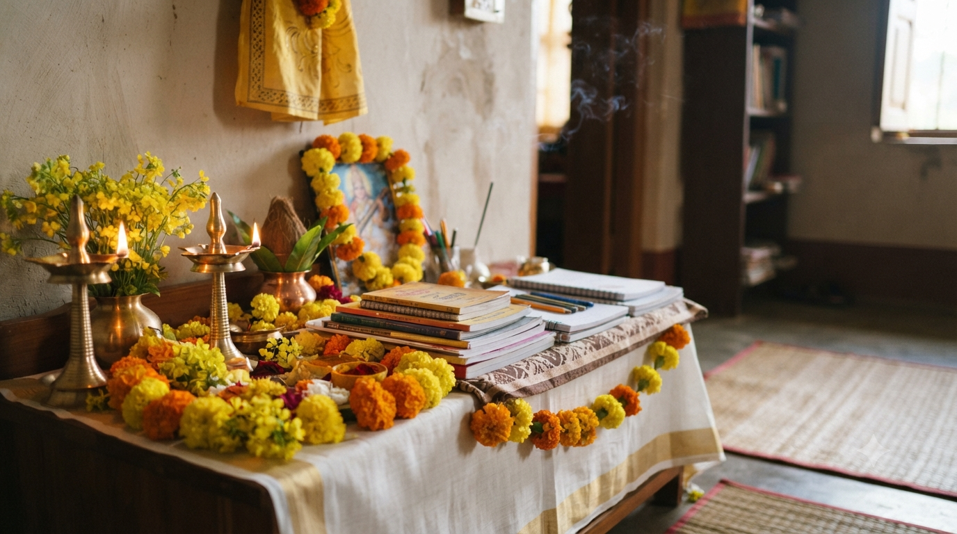 Vasant Panchami 2027 Saraswati Puja with books and yellow flowers