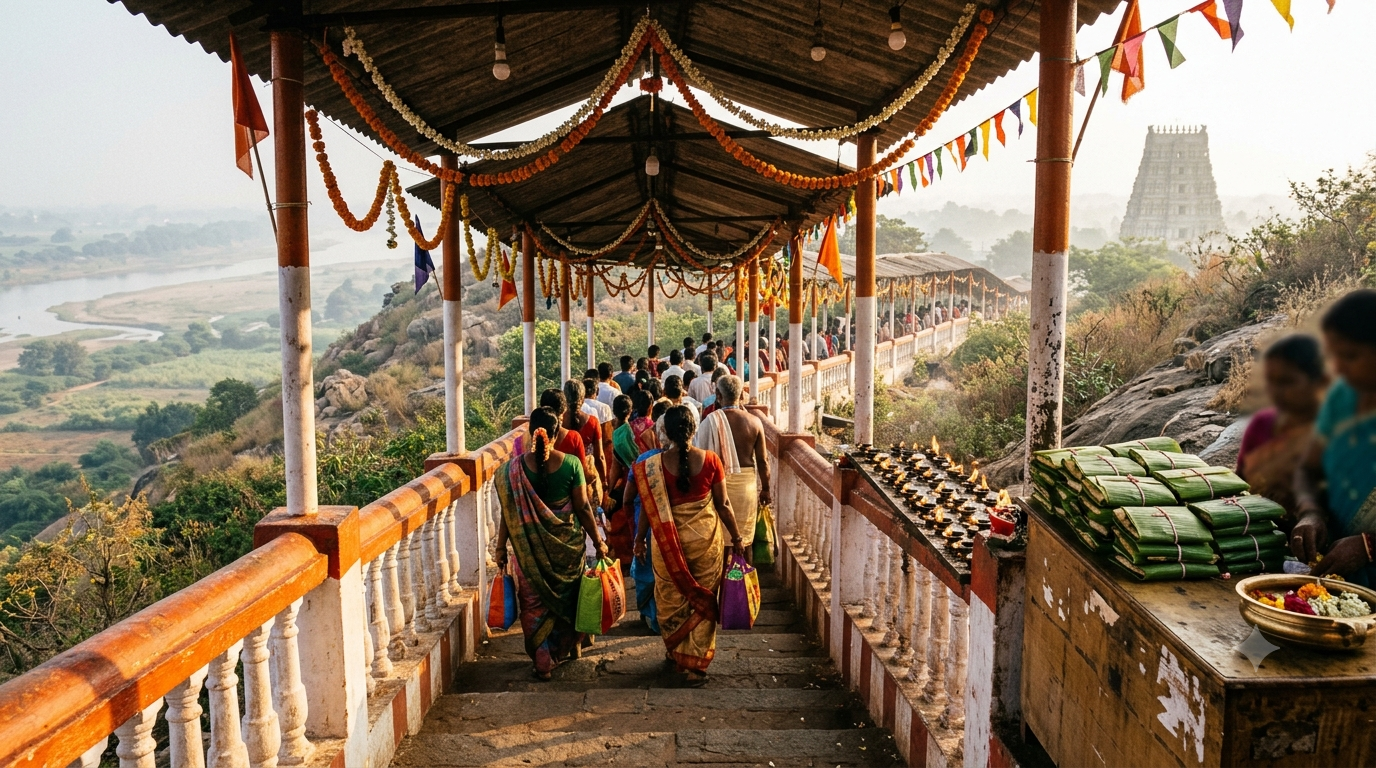 Vijayawada Navaratri alankaram list 2026 - devotees in the Dasara darshan queue at Indrakeeladri hill