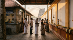 Vijayawada Temple Chandi Homam seva counter queue with devotees holding booking tickets at dawn