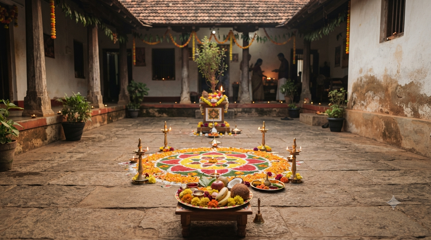Balipadyami Pooja Vidhana setup with lamps, rangoli and offerings in a Karnataka home