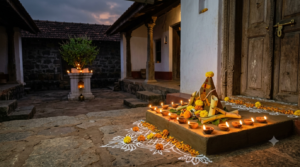 Balipadyami Pooja Vidhana with lamps, rangoli and Balindra worship in a Karnataka home