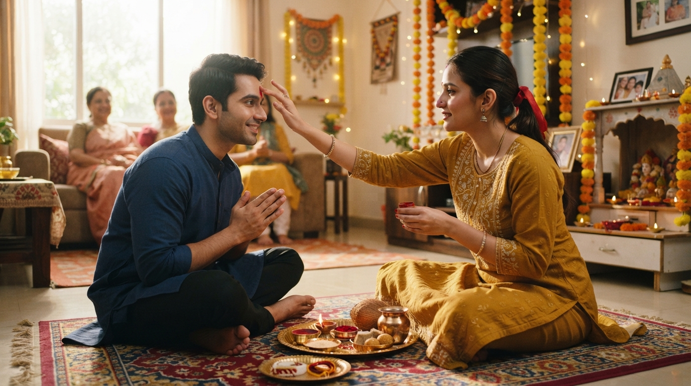 Bhai Dooj 2026 tilak ceremony with diya, kumkum and sweets