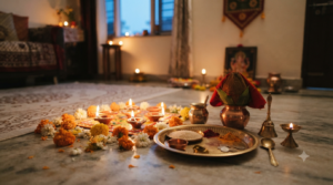 Dhanteras 2026 puja time with evening diyas, flowers and a traditional home puja setup