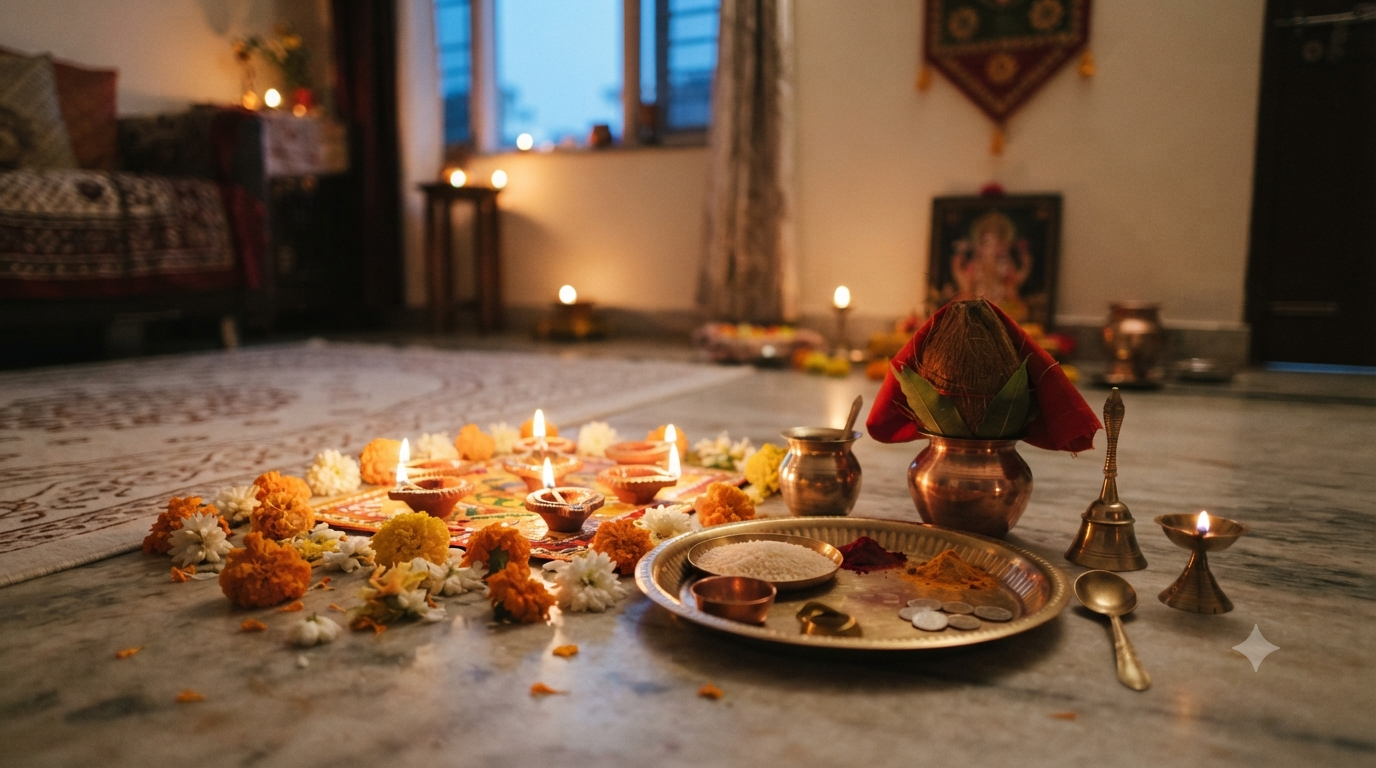 Dhanteras 2026 puja time with evening diyas, flowers and a traditional home puja setup