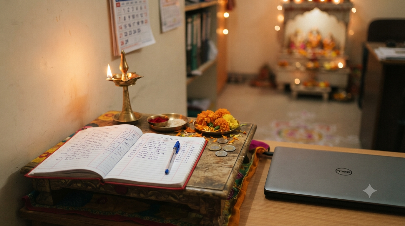 Diwali Chopda Pujan with new account ledger, diya and flowers