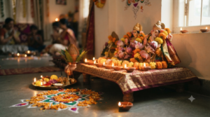 Diwali Lakshmi Ganesha Puja altar with diyas and flowers for 2026 Deepavali