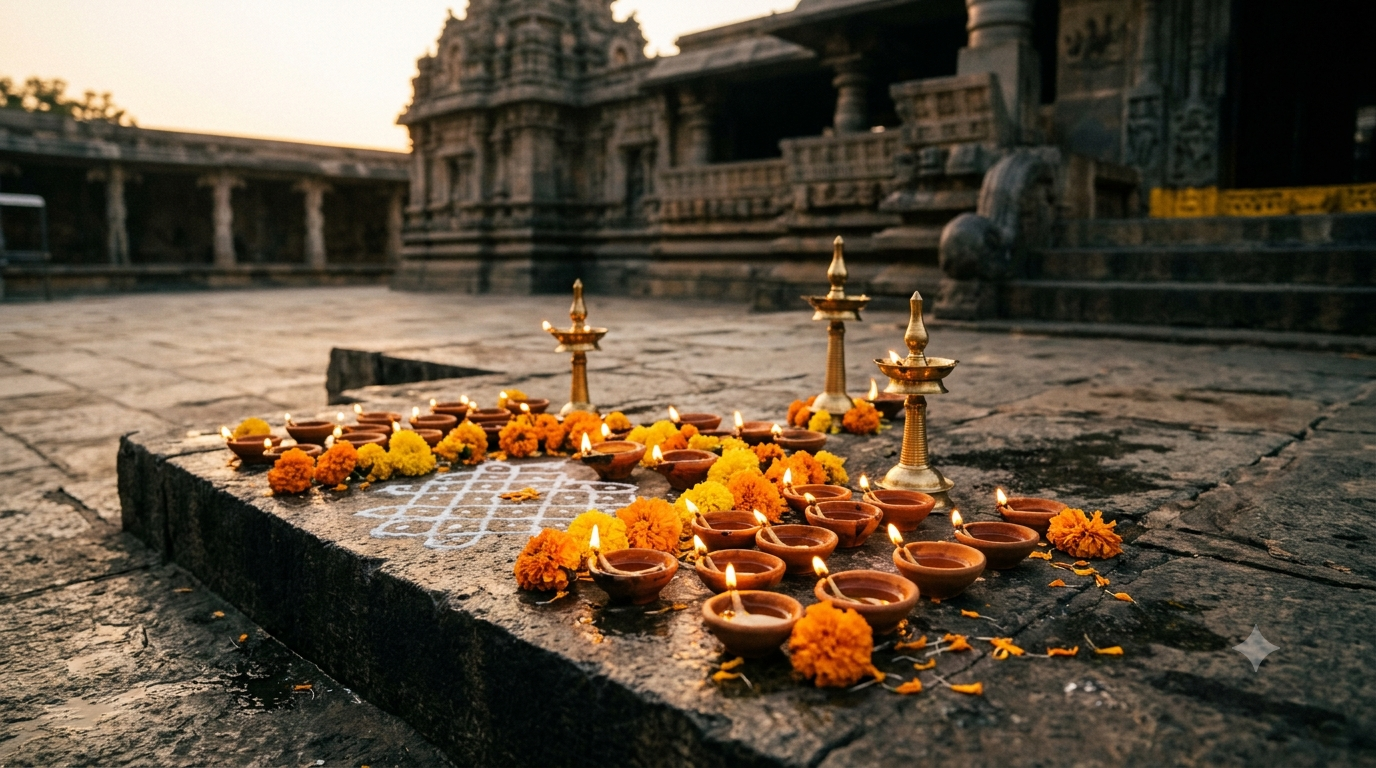 Karthika Masam 2026 calendar with Telugu festival dates and traditional deepam lamps