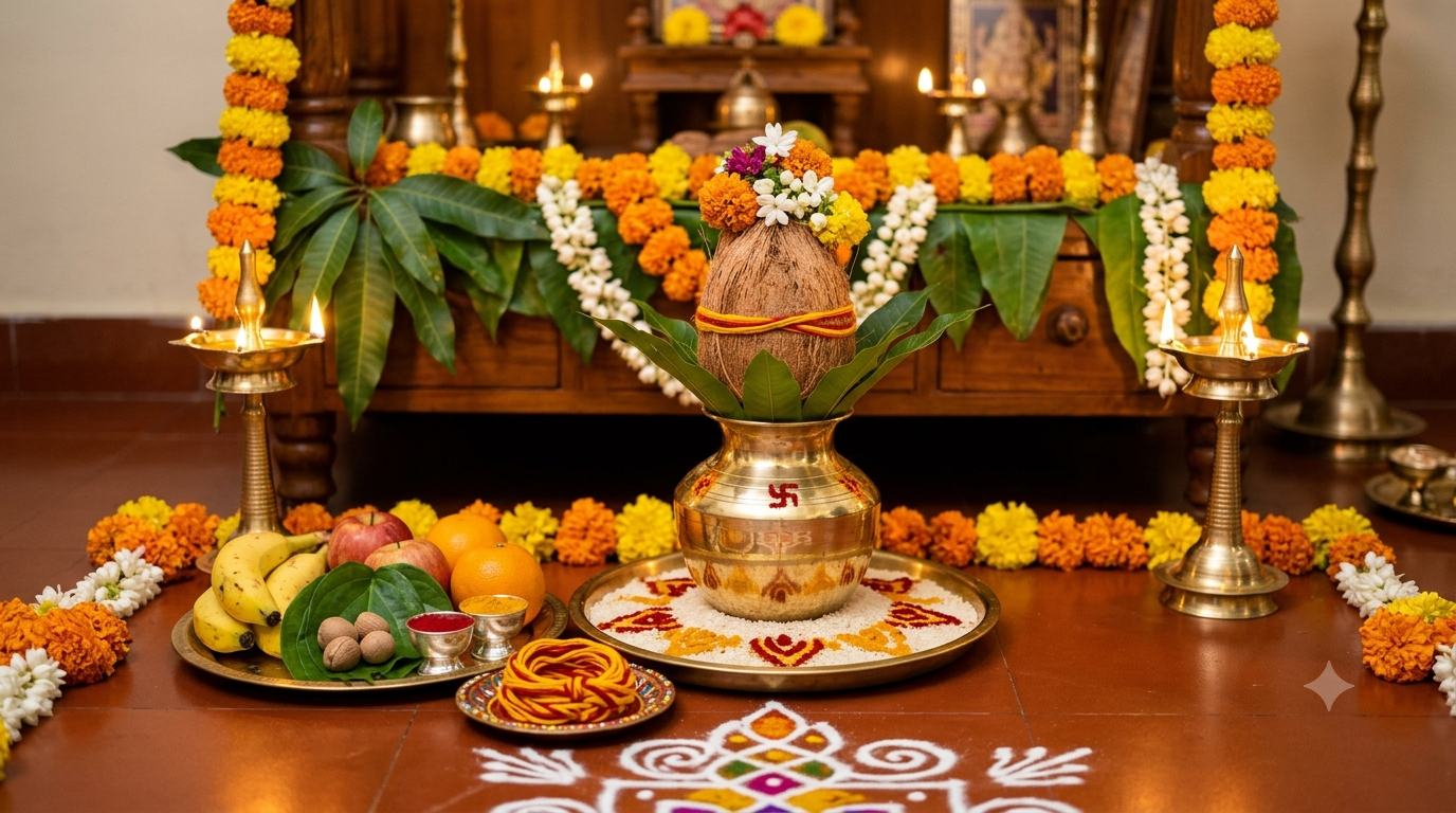 Kedara Gowri Nomulu 2026 pooja kalasam with flowers, lamp and sacred thread