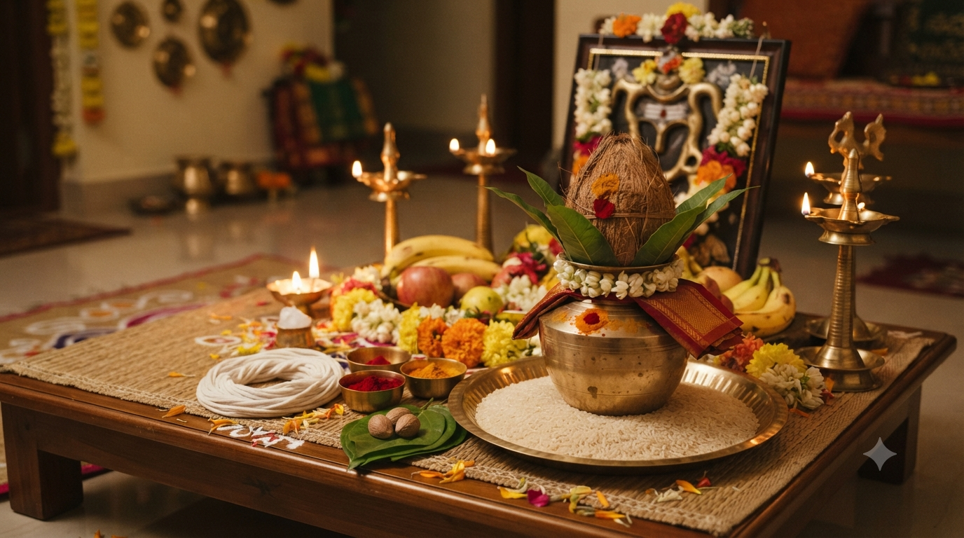 Kedara Gowri Vratham Nomulu pooja setup with kalasam, flowers and lamps