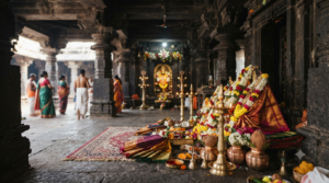 Kolhapur Mahalaxmi Alankar Pooja early-afternoon temple worship scene