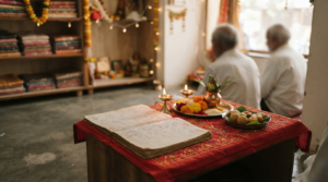 Labh Panchami 2026 puja with Gujarati business ledger, diyas and flowers