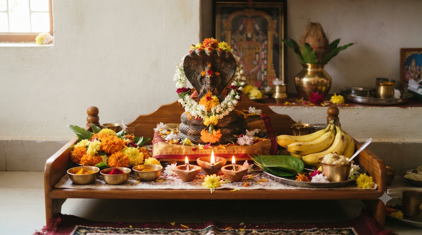 Nagula Chavithi 2026 puja with Naga stone image, lamps and traditional offerings