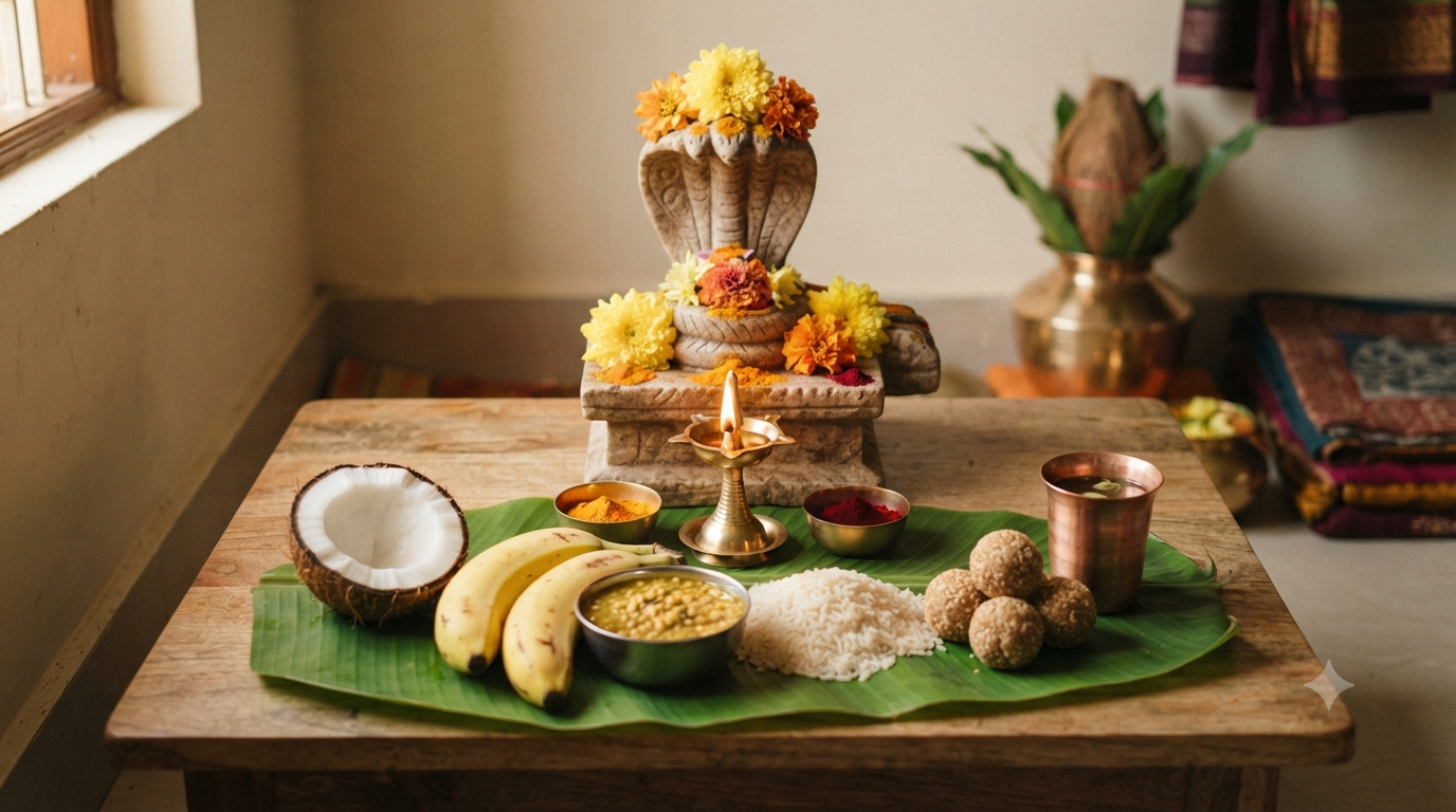 Nagula Chavithi Pooja setup with chalimidi, sesame prasadam, lamp and symbolic Naga shrine