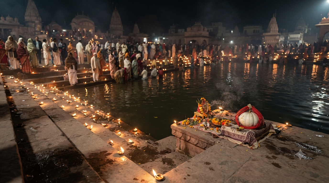 Radha Kunda Snan at a lamp-lit Braj kund during the Ahoi Ashtami midnight bathing period