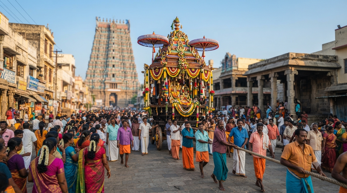 Rameshwaram Temple Events festival procession with temple chariot and pilgrims